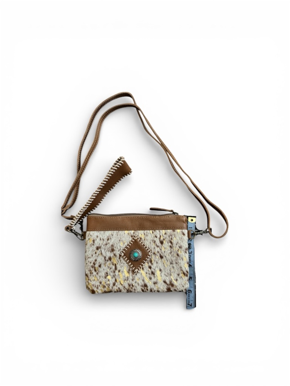 Myra Bag-Brown Speckled Hair on Hide Leather Crossbody Bag with Turquoise Accent
